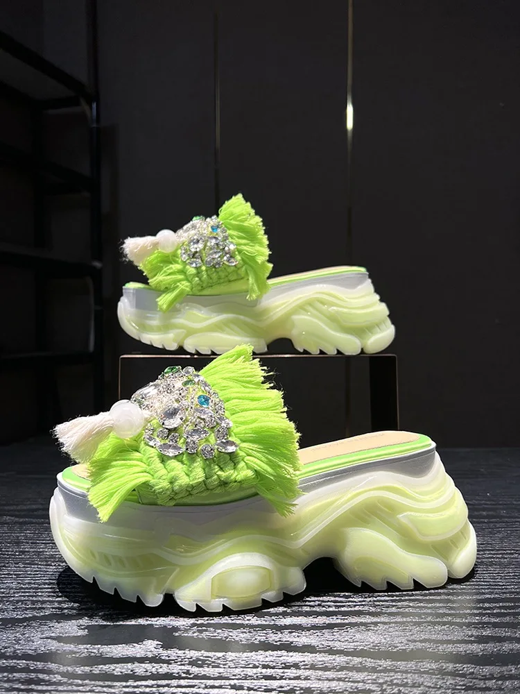 Summer Women Slippers Outdoor Slides High Heels Platforms Crystal Decor Special Design Luxury Designer Brand 2024 Fashion Green