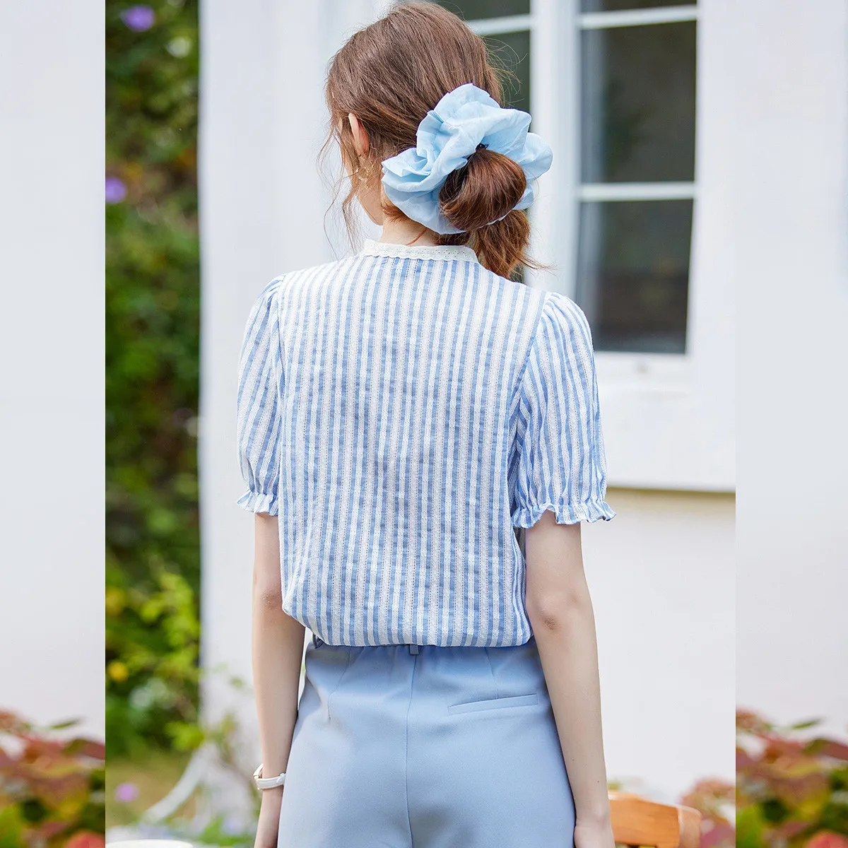 Lace-up Collar Striped Shirt Women Sweet Short Sleeve Cardigan No Stretch Women's Blouses Tops Female Clothing Summer 2025
