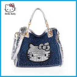 Hello Kitty Cartoon Woman Denim Canvas Studded Rivet Bag Rhinestone Braided Hand-Held Oblique Cross Shoulder Tote Bag Gifts