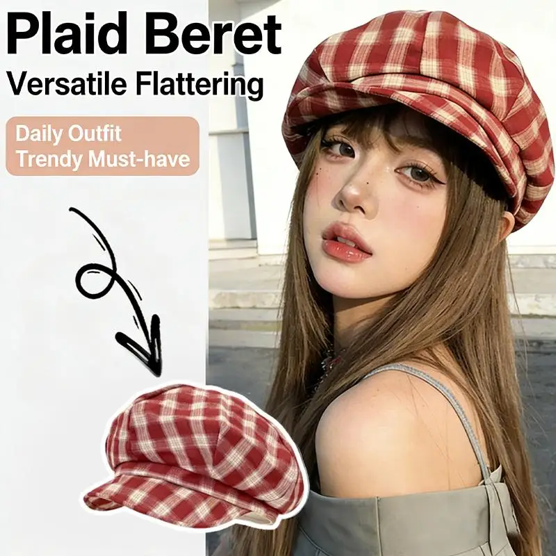 【IIOO】Korean Retro Plaid Beret Hat For Women Y2K Contrast Color Checked Beanie Cap Summer Travel Versatile Face Slimming Hat