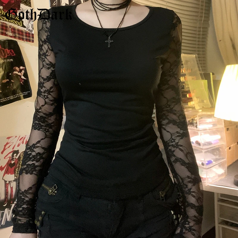 Goth Dark Mall Goth Solid Lace Patchwork Long Sleeve T-shirts Cyber Y2K O-neck Sheer Back Slim Tops Women Techwear Basic T-shirt