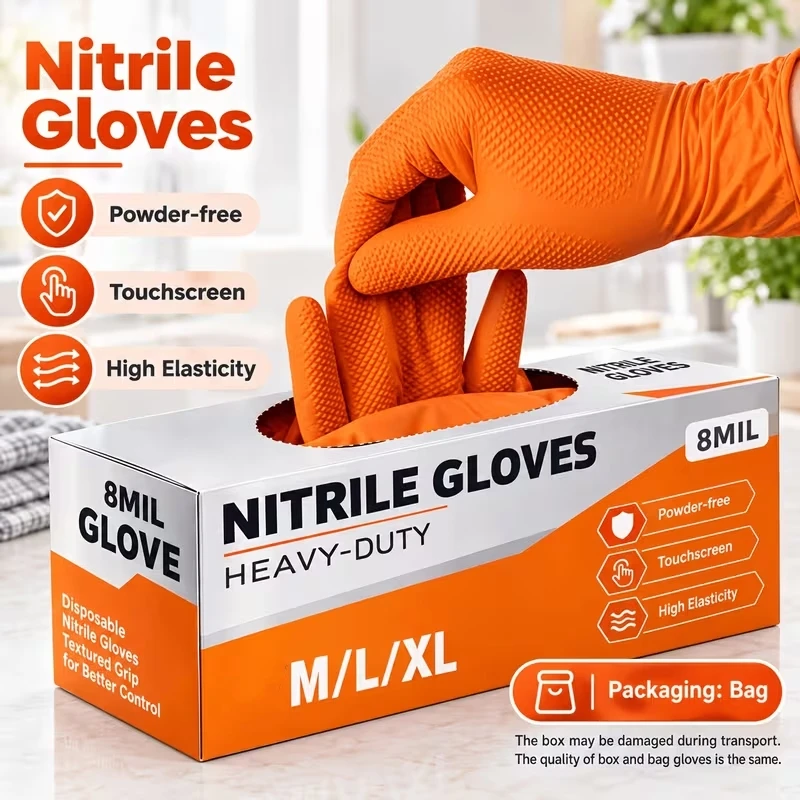 Diamond Orange Nitrile Disposable Gloves 8Mil Heavy Duty Safety Work Gloves with Textured Grip for Men Construction Auto Garden