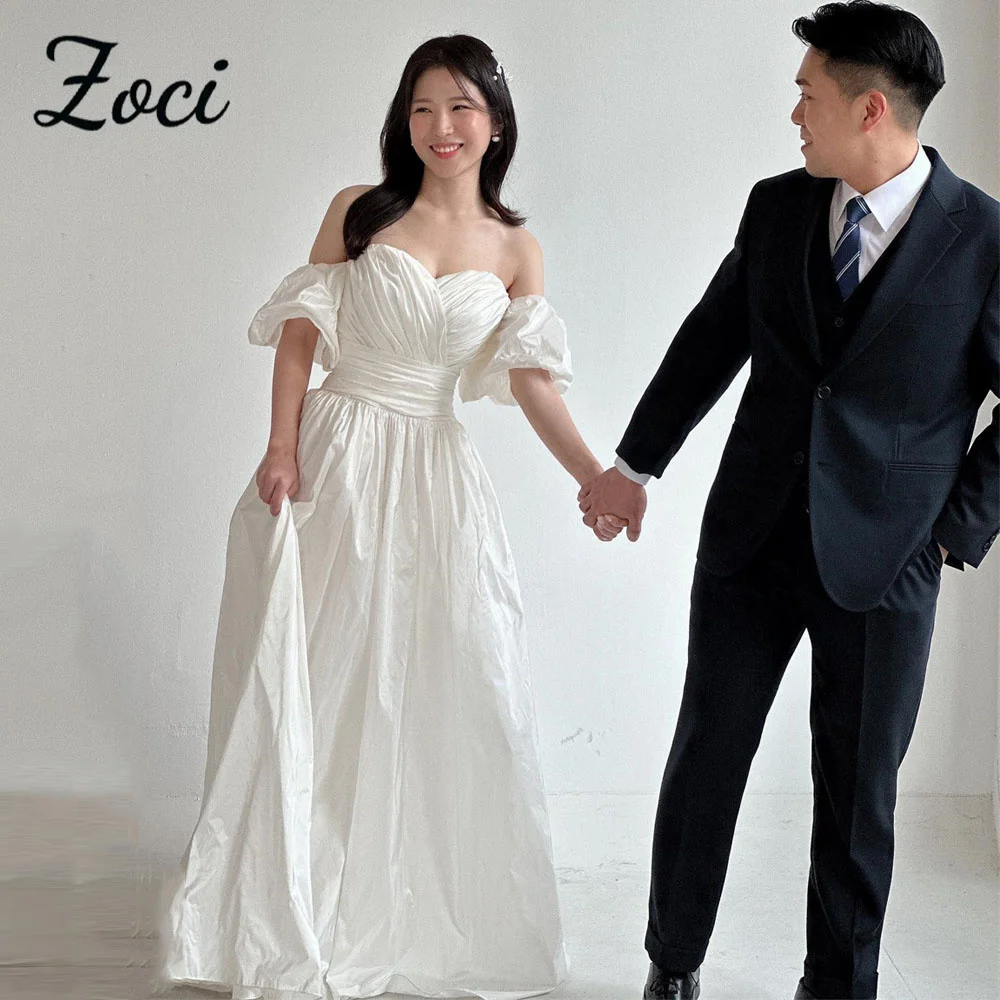 

Zoci Sweetheart A-line Korea Wedding Dresses Customized Short Puff Sleeve Pleats Drap Taffeta Bridal Gown Photo Shoot For Women