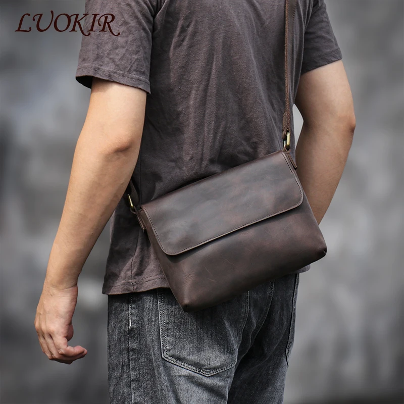 LUOKIR męska torba z prawdziwej skóry prosta torba Crossbody Vintage Crazy skóra konia klasyczna klapa torba ze skóry bydlęcej 8 Cal iPad