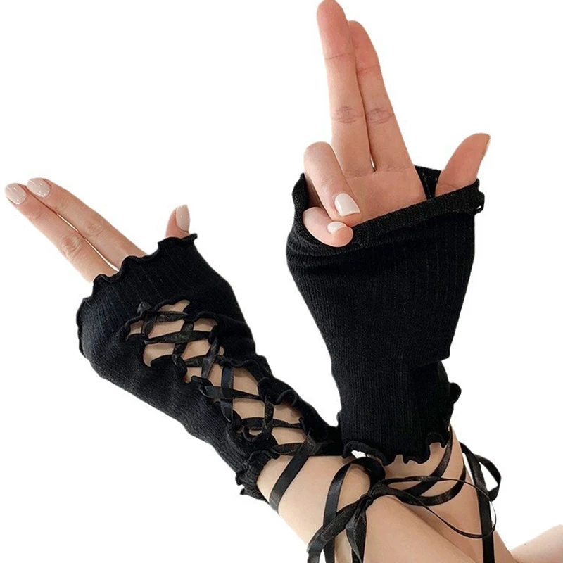 Y2k Gothic Arm Warmers Women Lace‑up Punk Ruffle Edge Fingerless Gloves Ribbon Tie Cosplay Hollow Cut‑out Spicy Girl Arm Cuffs