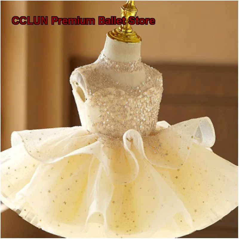 Women's Baby Champagne Color Dress Birthday Princess Skirt Summer Model Runway Piano Performance Tutu