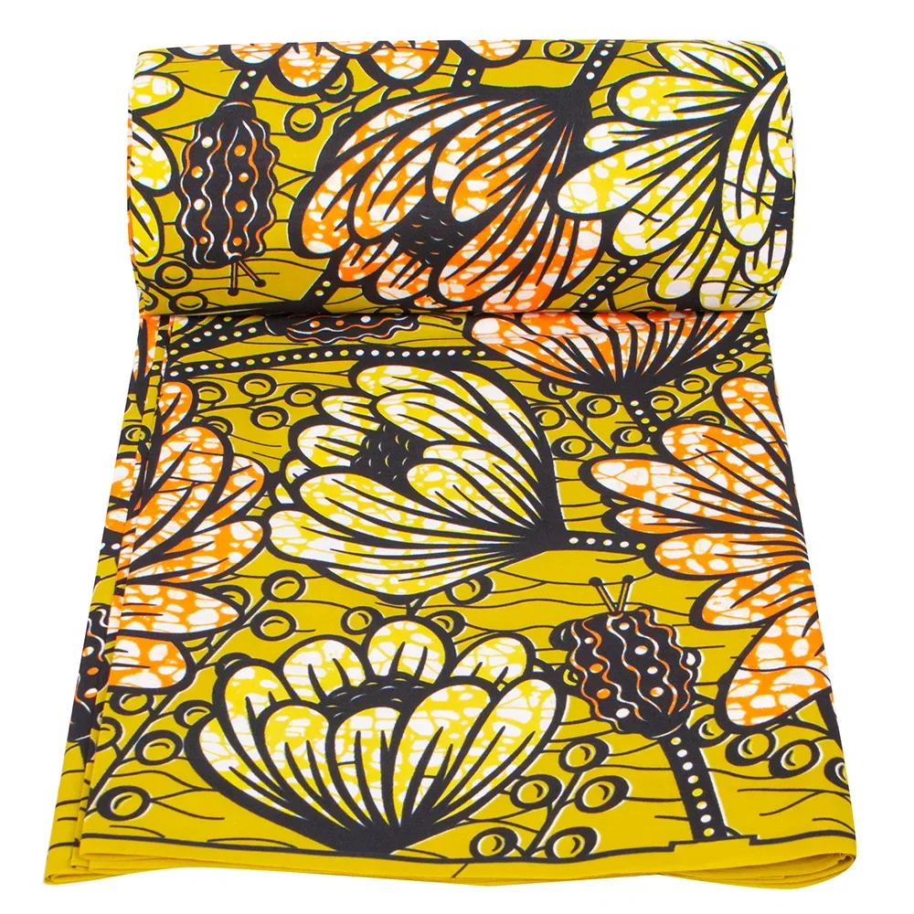 Tissu imprimé africain en polyester pour vêtements, style ethnique Ankara, peut être utilisé pour robes et olympiques, jaune chrysanthème