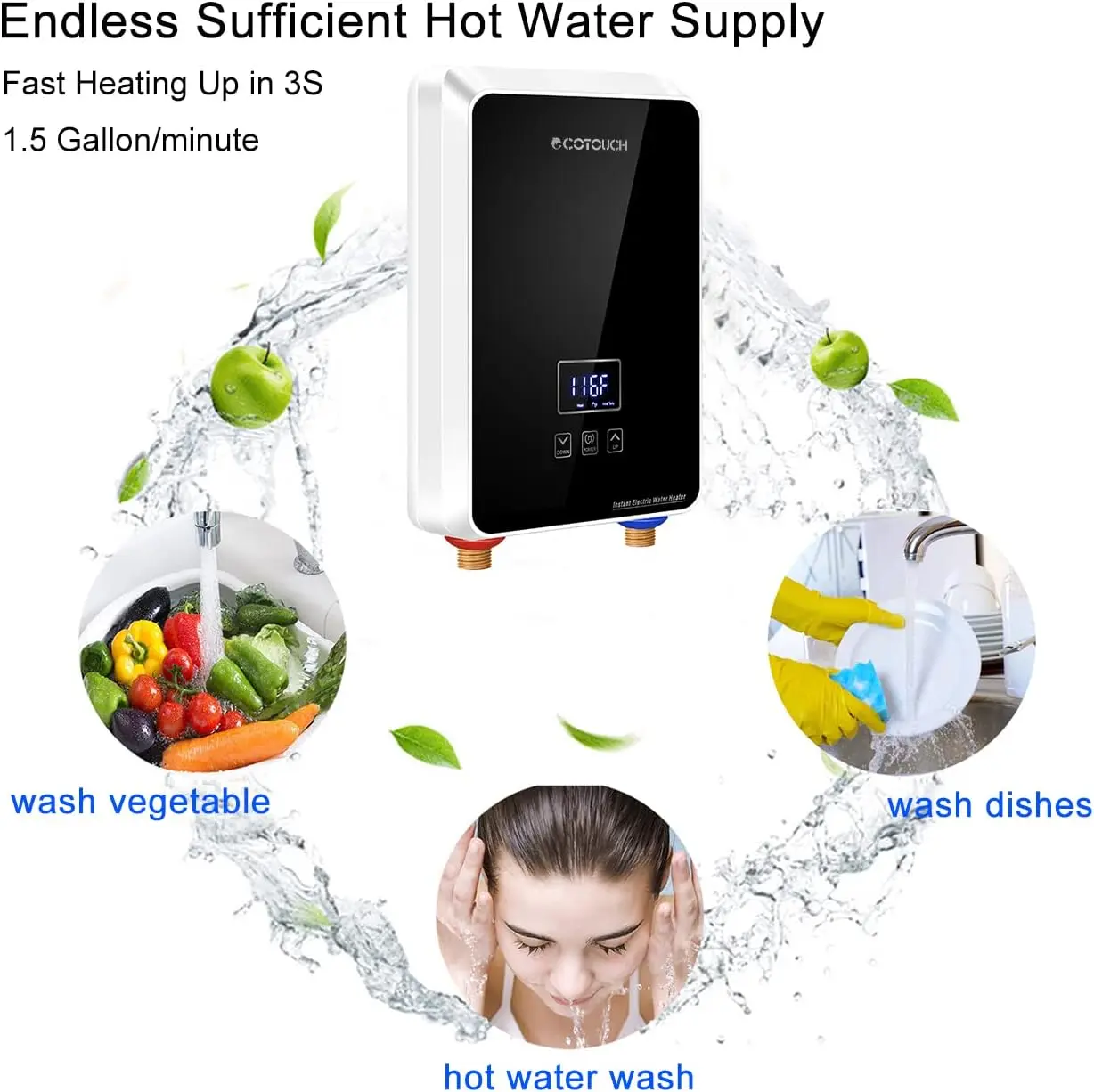 Instant electric water heater, ECOTOUCH uses hot water digital display, instant electric self-regulation, overheat protection