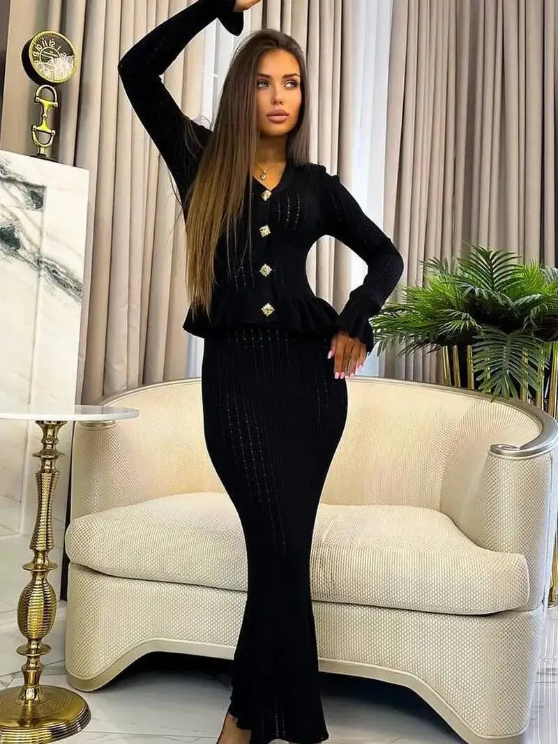 DGLUKE 여성용 니트 상의와 롱 스커트 세트 2피스 우아한 의상 2025 신상 스웨터 매칭 세트