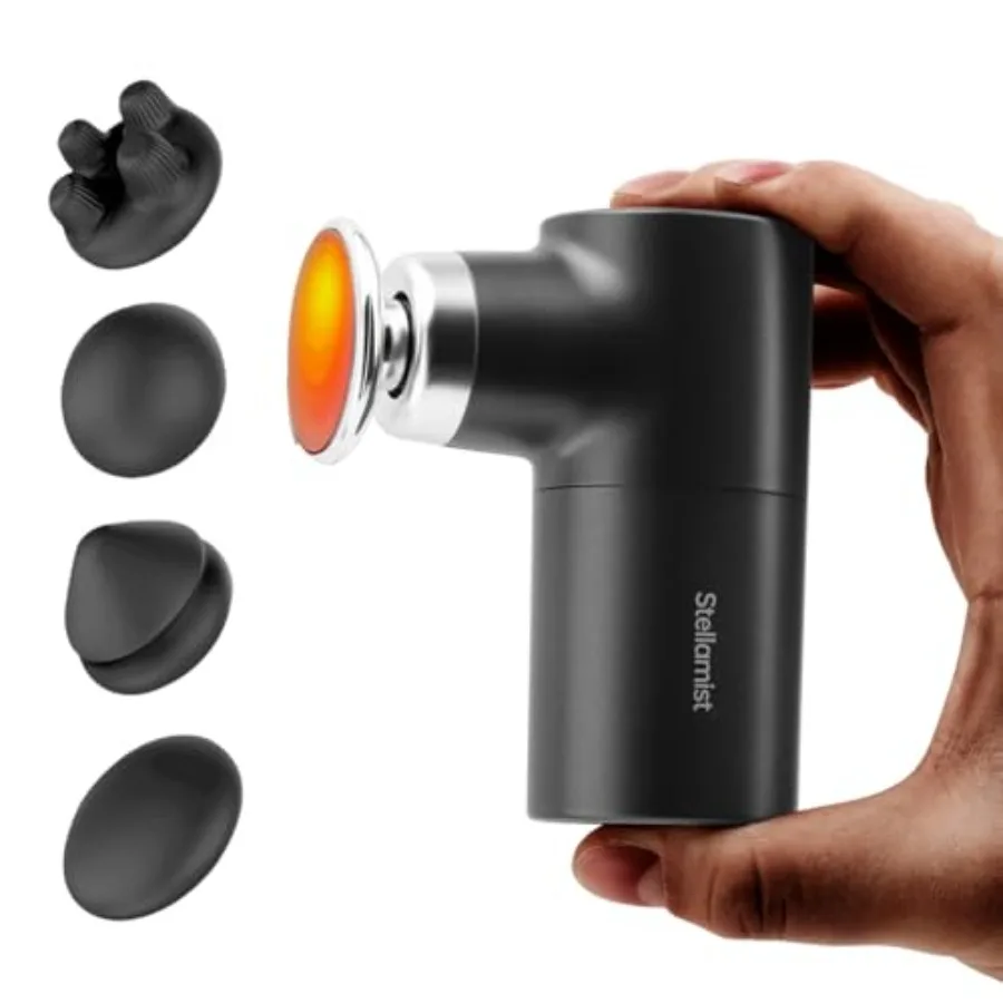 

Портативный ударный массажер для мышц с функцией тепла и 4 насадками для облегчения глубоких тканей Идеально подходит для спортсменов и повседневного использования