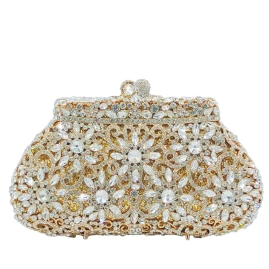 

Formal evening clutch purse for weddings and boutique events, crystal-embellished flower design on metallic crown-shaped minaud