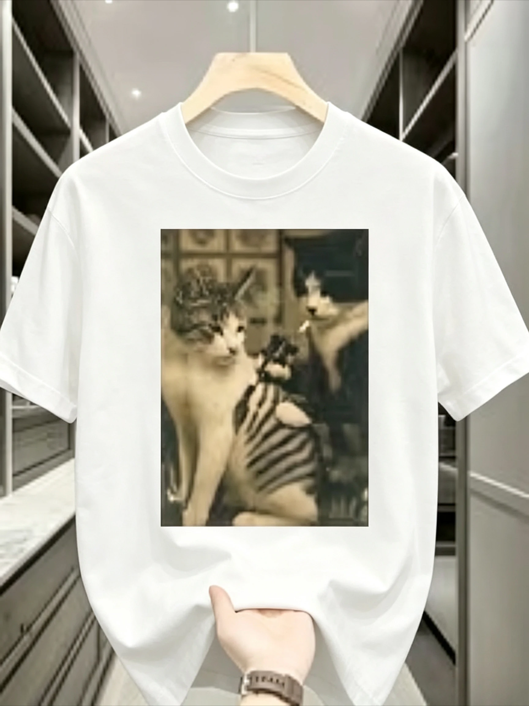 Vintage Cat Tattoo T-Shirt Short Sleeve with Retro Kitten Print Loose Fit Round Neck Casual Summer Top Suitable for Daily Wear