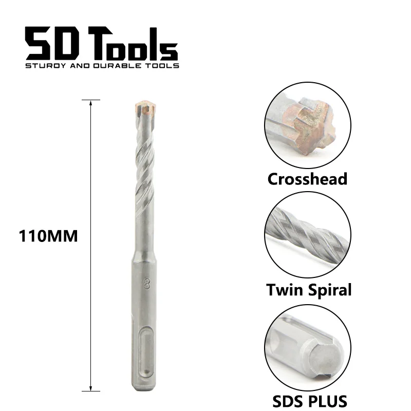 Concrete Drill Bits Length 110mm SDS Plus Shank Cross Head Tungsten Steel Alloy Drill Bits For Wall Brick Block Masonry Concrete