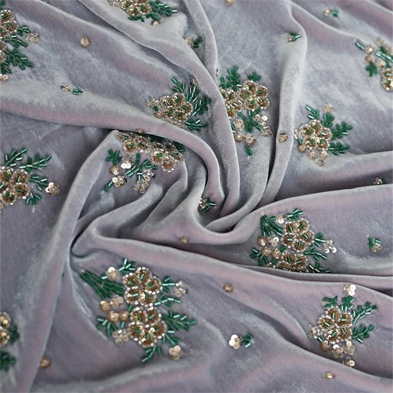 135cm Width Light Purple Silk Velvet Fabric Heavy-duty Sequins Nail Bead Embroidery Qipao Jacket Luxurious Mulberry Silk Fabric