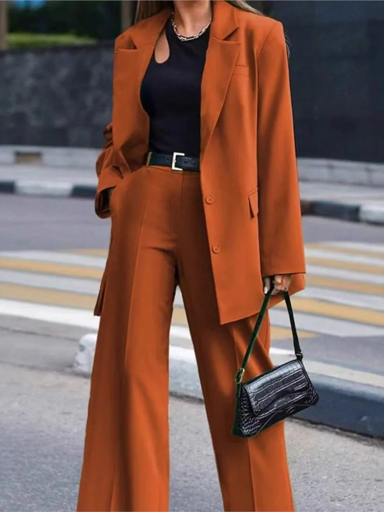 

Spring Autumn Elegant Style Casual Pants Set Solid Color Simple Women's Design Top Suit Jacket Wide-leg Trousers Two-piece Set