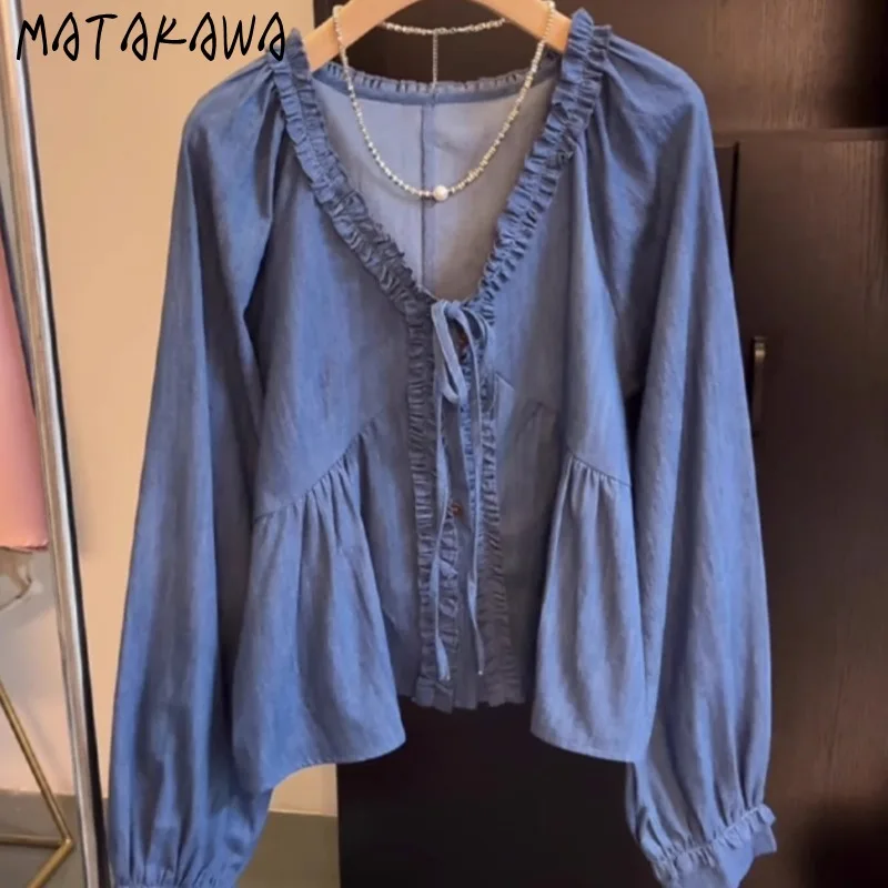 

Matakawa Women Shirts&blouses Bandage Solid Spring Autumn V Neck Elegant Blusas Mujer Korean Fashion Chic Vintage Camisas