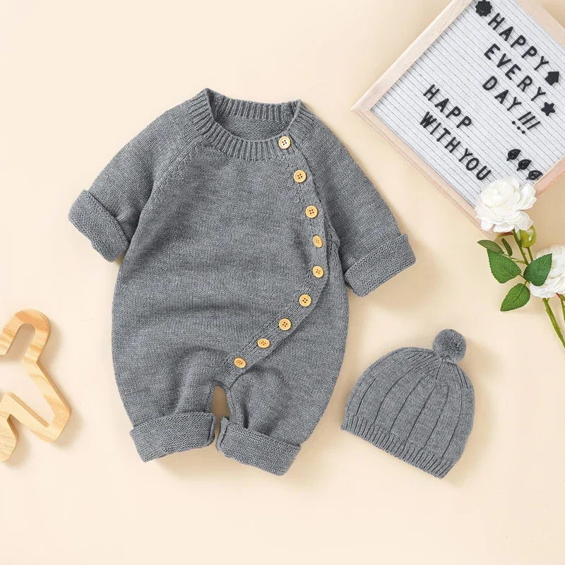 

Baby Rompers Clothes Spring Autumn Solid Full Sleeve Knitted Newborn Infant Boys Girls Jumpsuits Hats Outfits Sets 0-18m Costume