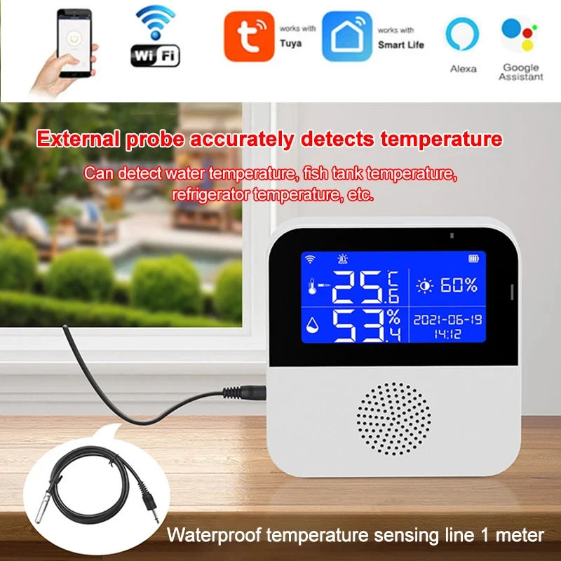 Sensor de temperatura y humedad Wifi para el hogar, con pantalla LCD higrómetro, Detector de termómetro para Alexa y asistente de Google, Tuya Smart Home