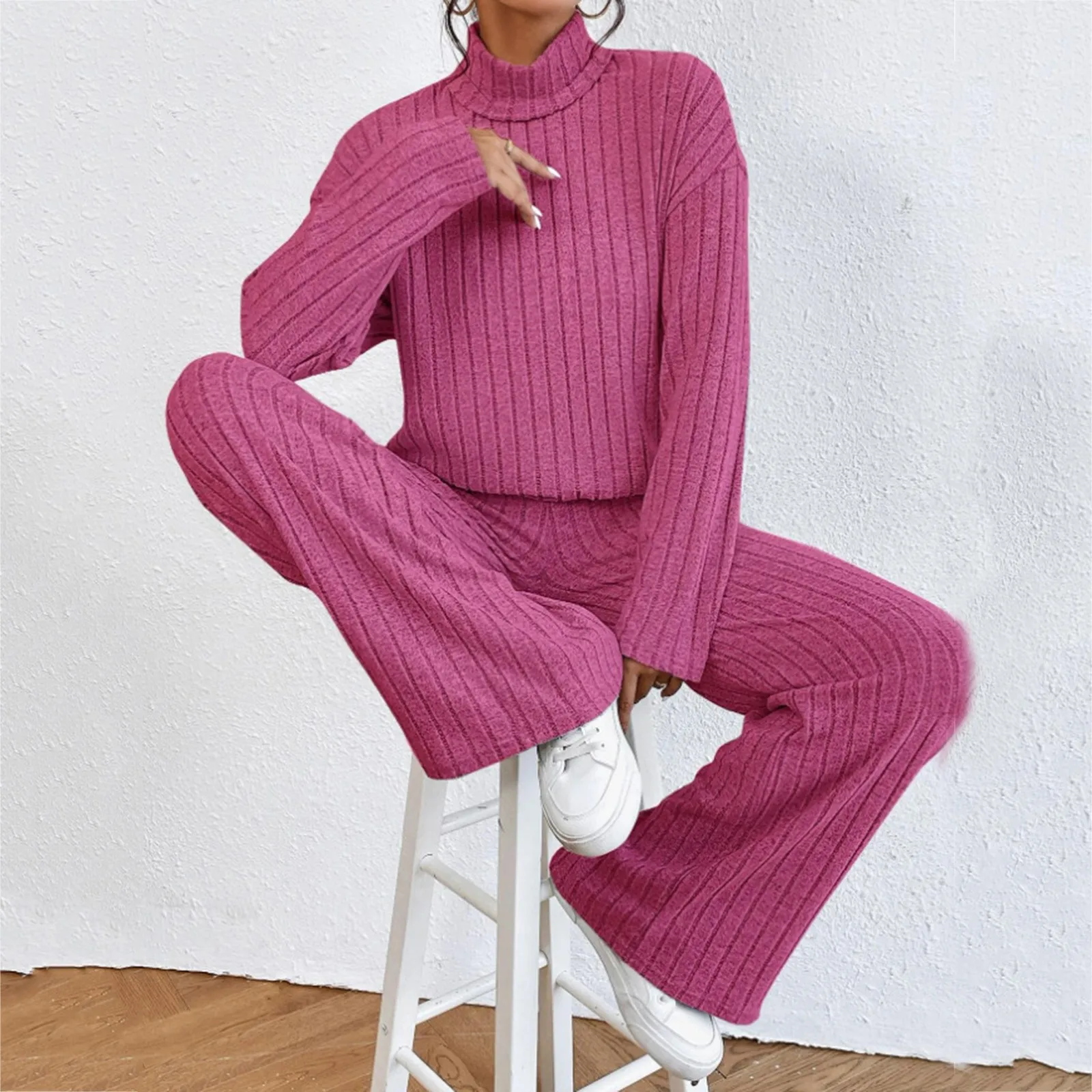 Women\'S Two Piece Suits Knitted Matching Outfits High Neck Loose Tee And Pants Tracksuit Solid Color Autumn Sweater Sets