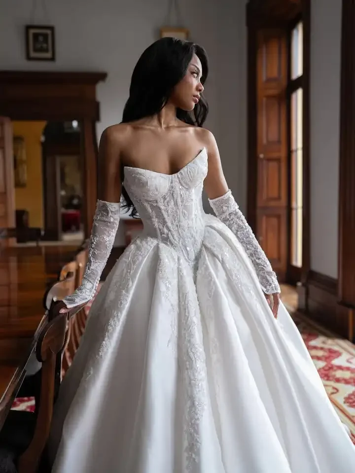 Vestidos De Novias Princesa Wedding Dress Lace Satin Novia Iglesia Mangas Desmontables Bespoke Bridal Dresses