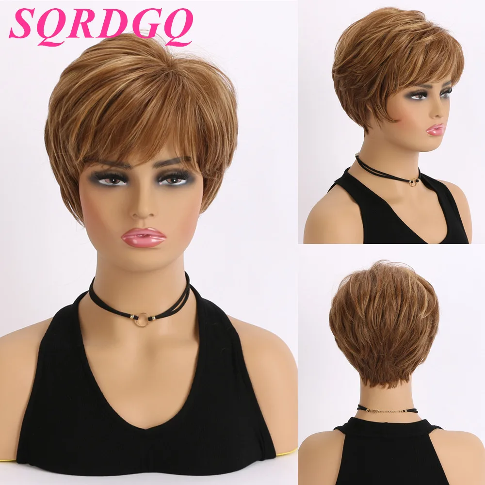 SQRDGQ Highlight Synthetic Hair Wigs for Women Short Wig Straight Hair Pixie Cut Woman Wigs Honey Gold Mix Black Wig Female