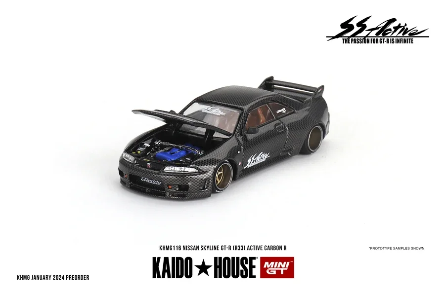 Kaido House + MINIGT 1/64 다이캐스트 자동차 모델, 자동차 장난감 선물 장식, 닛산 스카이라인 GT-R (R33) 활성 탄소 R KHMG116