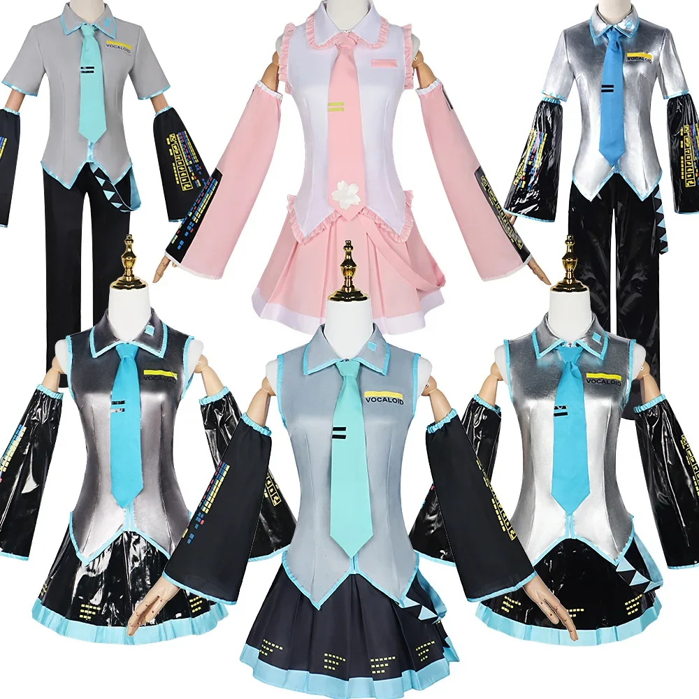 

Miku Cosplay Full Set Silver Leather Fabric Suit Miku Cosplay Headwear Costume Outfit JK Sailor Dress High School Uniform Hallo