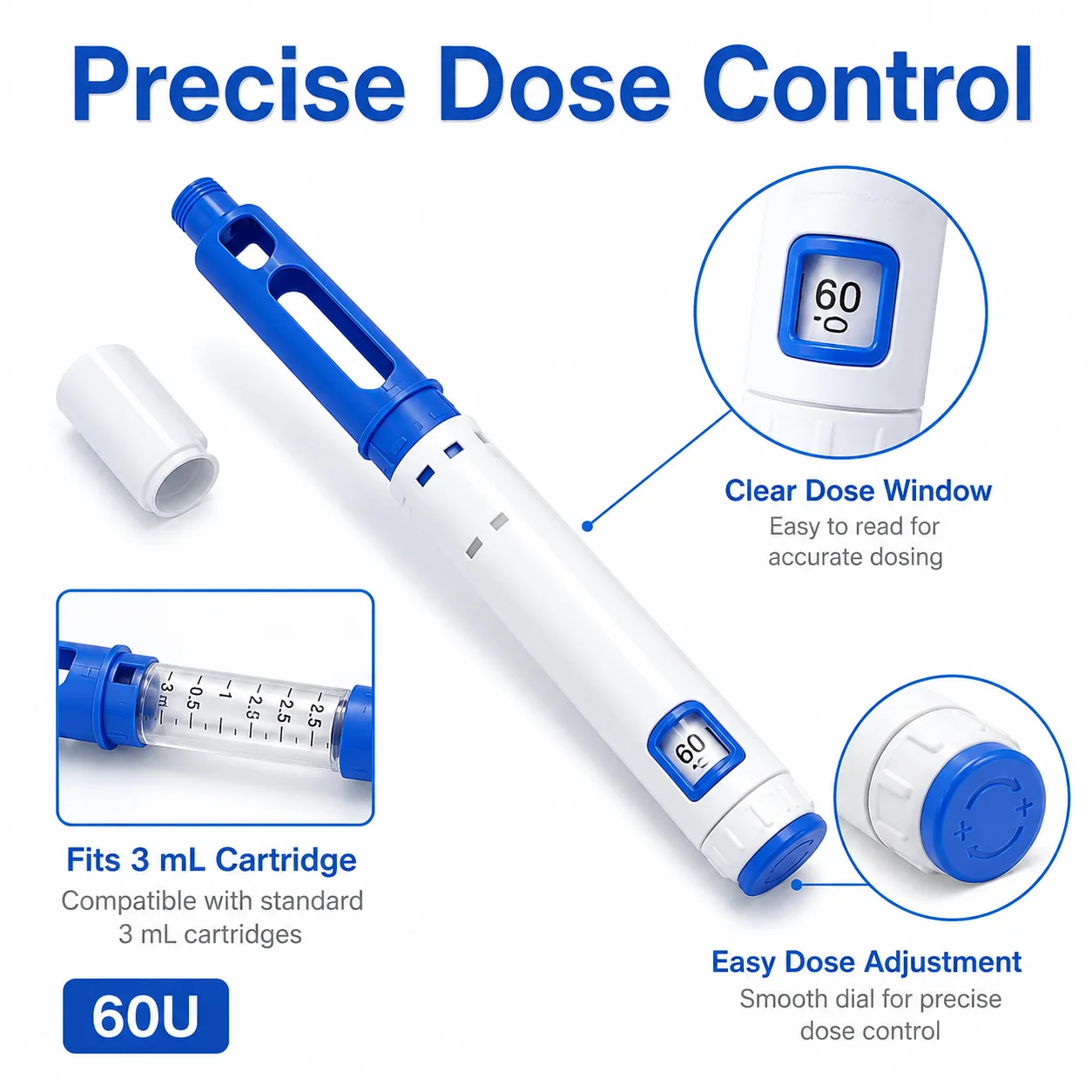 10PCS Disposable Adjustable Insulin Injection Pen 60IU 3ml Precise Dosing Portable Subcutaneous Pen Injector