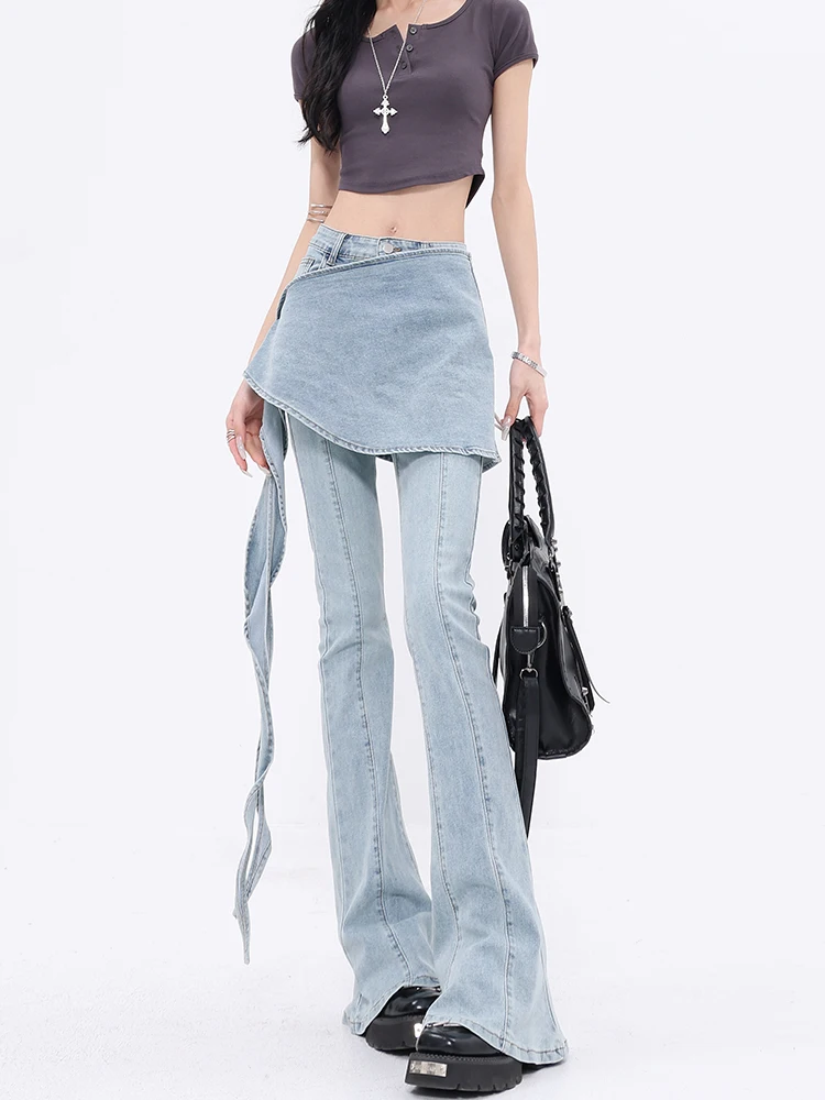 Spring and Autumn New Women's Pants, Fake Two Piece Stacked Elastic Cowboy Bellbottom Pants