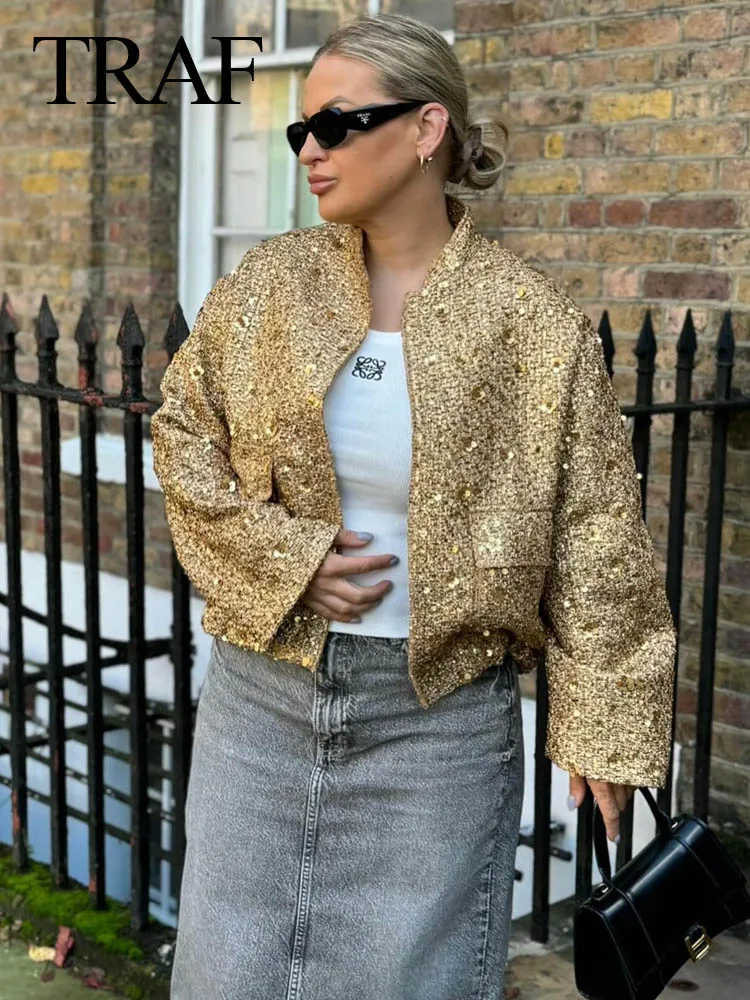 TRAF 2024 Spring Women Shiny Sequins Loose Jacket Female Silver Long Sleeve Casual Bomber Jacket With Pockets Chic Streetwear