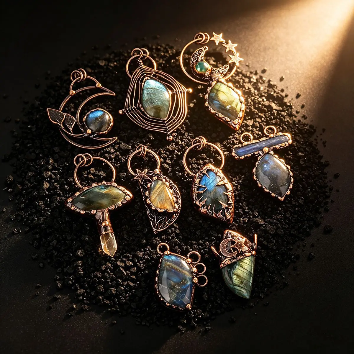 Lucky Fortune Blessing Chinese Style Vintage Antique Copper Natural Labradorite Pendant Handmade Original Design Sweater Chain