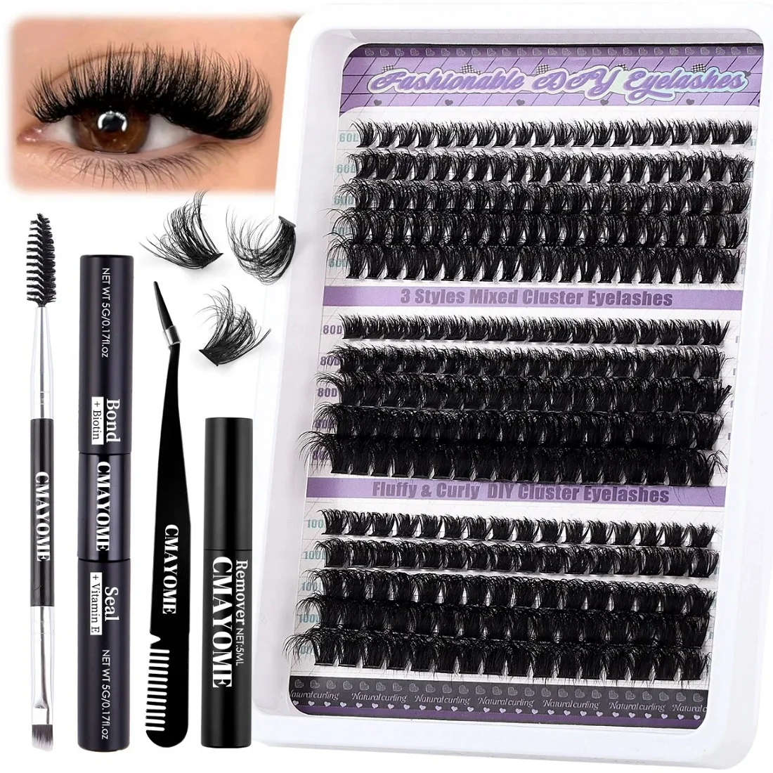 300Pcs Lash Clusters Kit 10-18mm Natural Lash D Curl Fluffy Wispy False Eyelashes With Bond & Seal Tweezers Brush