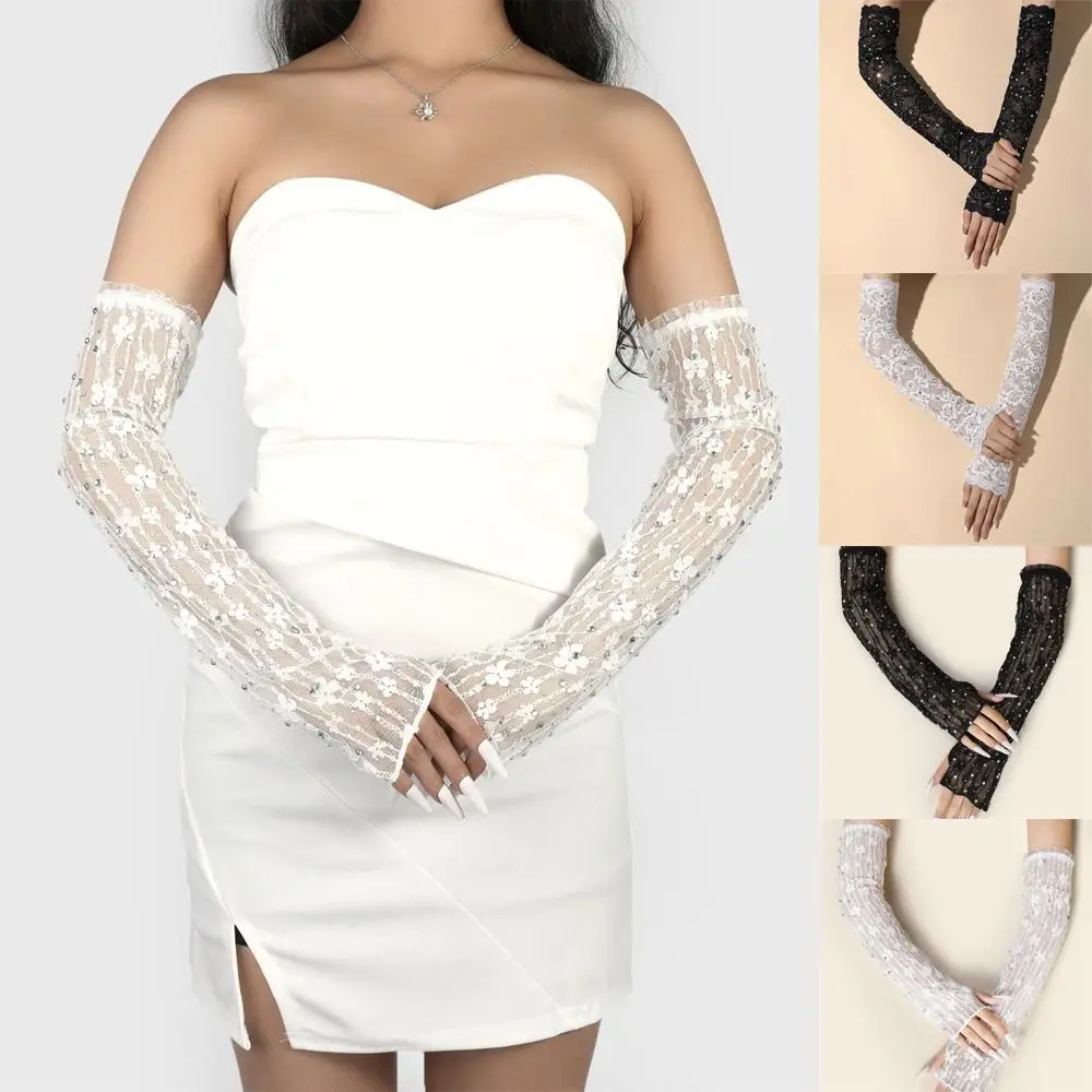 

1 Pair Retro Long Lace Gloves Glitter Hollow-out Mesh Gloves Elasticity Breathable Rhinestone Gloves for Women