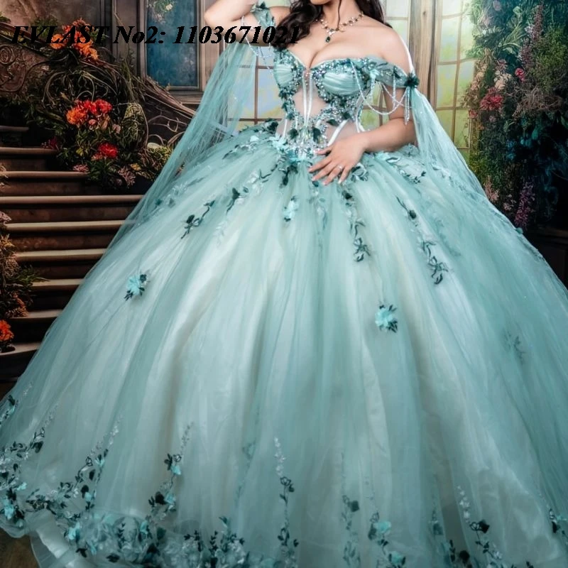 

EVLAST индивидуальное мексиканское зеленое платье Quinceanera, бальное платье с цветочной аппликацией и бисером, накидка Sweet 16, Vestidos De 15 Anos E2QA61