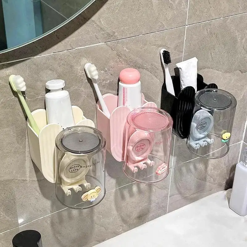 Household Bathroom Toothpaste Toothbrush Storage Rack 1 Pc Wall Mount Holder With Cup For Washroom Daily Washing Organizer