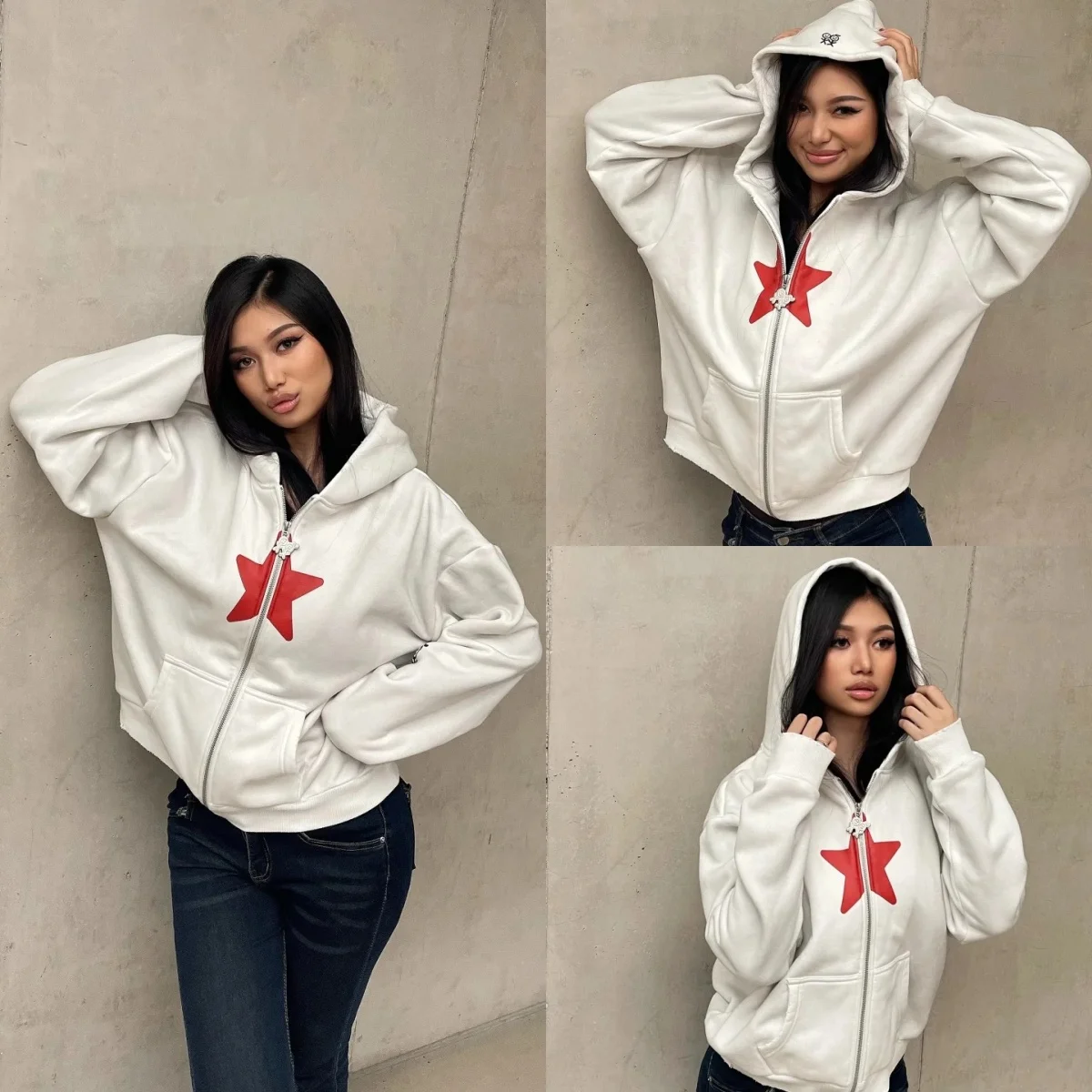 

Autumn and Winter Urban Unisex Sweatshirt with Red and White Contrasting Pentagram Print, Hooded Zipper Design, Loose Trendy Cool Cardigan Jacket, Autumn and Winter Outerwear Sweatshirt