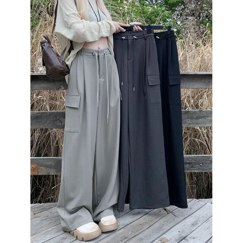 

Cargo Pants 2023 New Autumn Women's High Waisted Drawstring Large Pocket Loose Straight Leg Pants Casual High Street Trousers