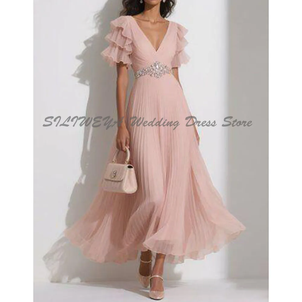 

Elegant Evening Dresses Women V Neck Short Sleeves A Line High Quality Flowing Celebrity Banquet Prom Party Female Gowns