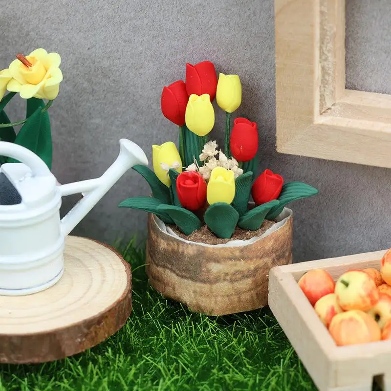 

Miniature Potted Plant 1:12 Dollhouse Tulip Potted Plant Ornament Mini Garden Decor Simulation Flower Model Desktop Decor