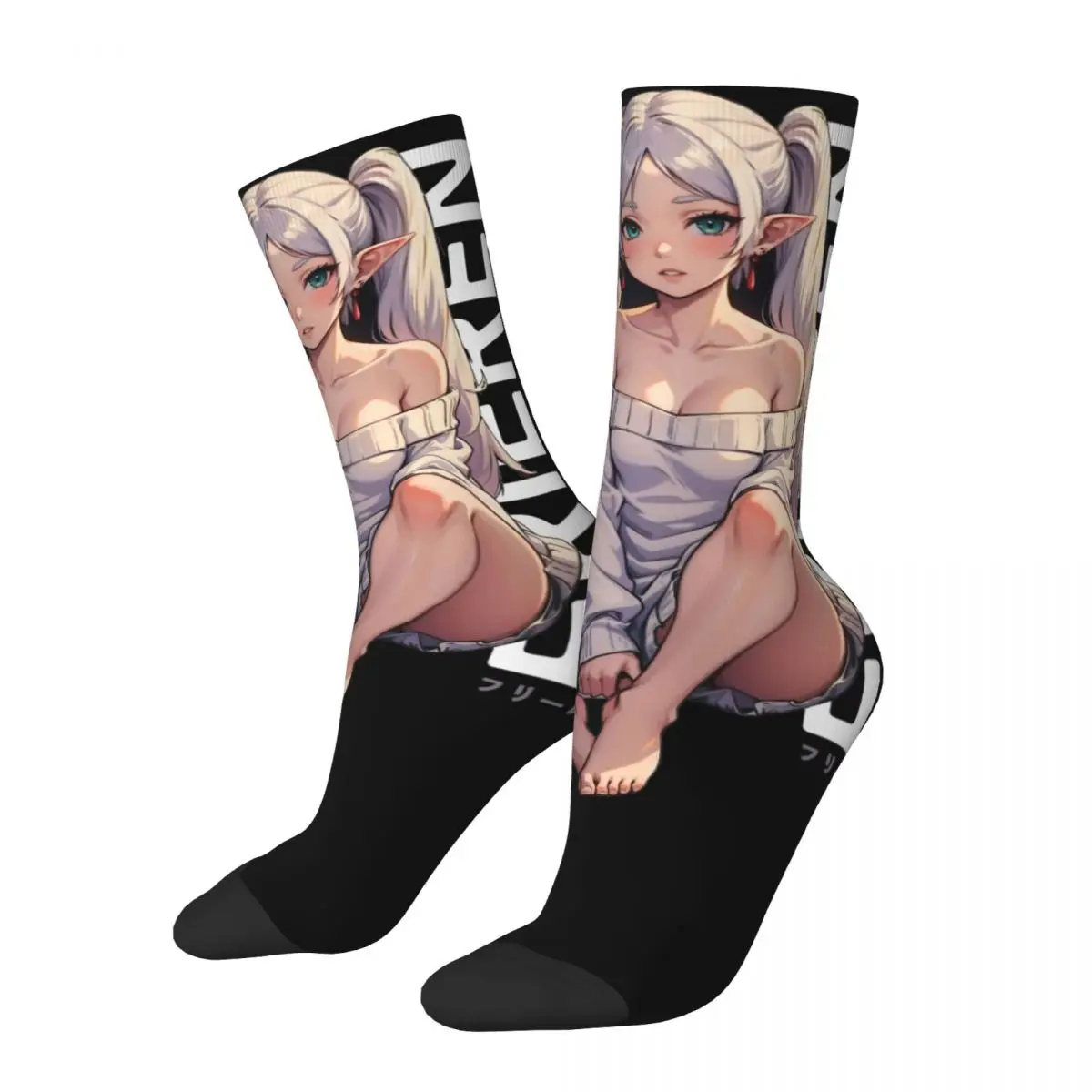 Colorful Frieren Beyond Journey's End Design Theme Print Crew Socks All Season Sexy Frieren Middle Tube Socks Sweat Absorbing