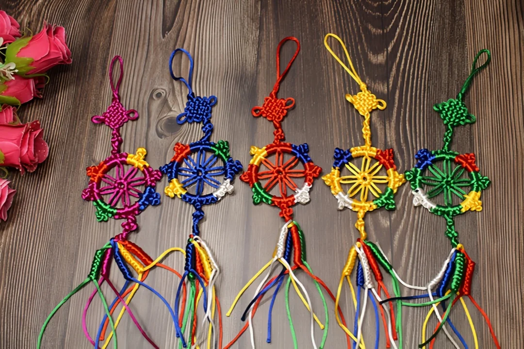 2pcs Tibetan Handmade Five Color Vajra Rope Woven Dharma Wheel Vajra Knot Chinese Knot Car Interior Hanging Ornament Decor