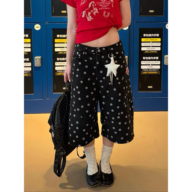 YIBASHU 2026 Summer Women American Retro Black Dot Jeans Shorts Y2K 2000s Harajuku Denim Seven-Foot Pants Streetwear High Street