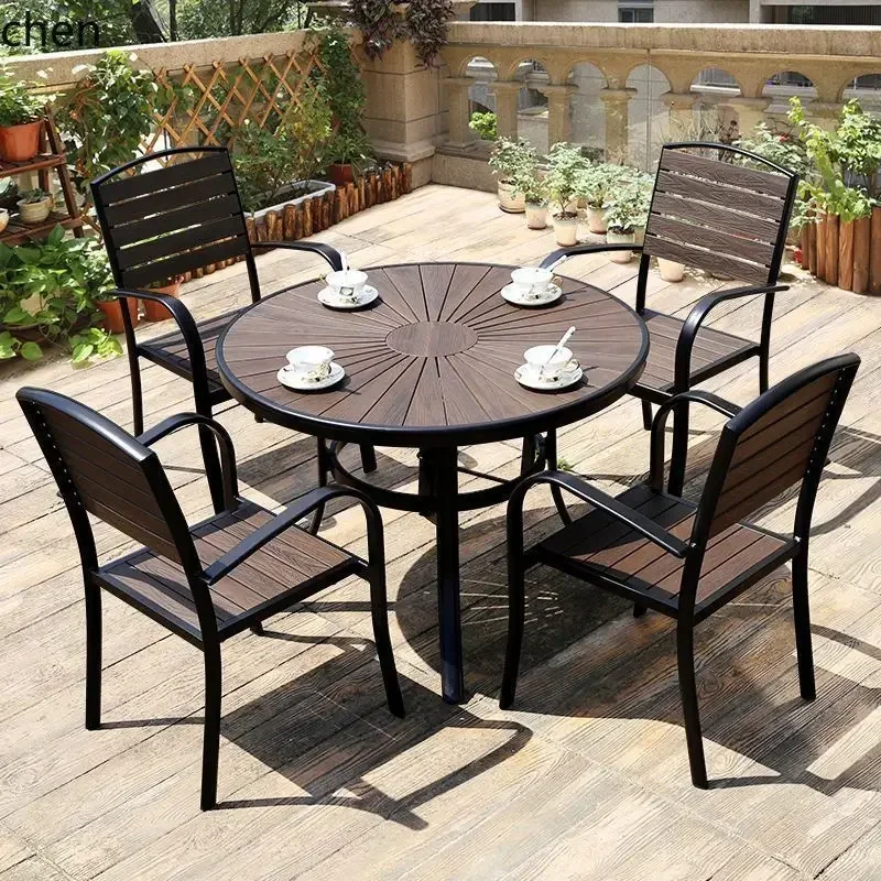 HYS Outdoor Table and Chair Set Plastic Wood  Sunproof Leisure Chair Outdoor Open-air Balcony Garden Courtyard