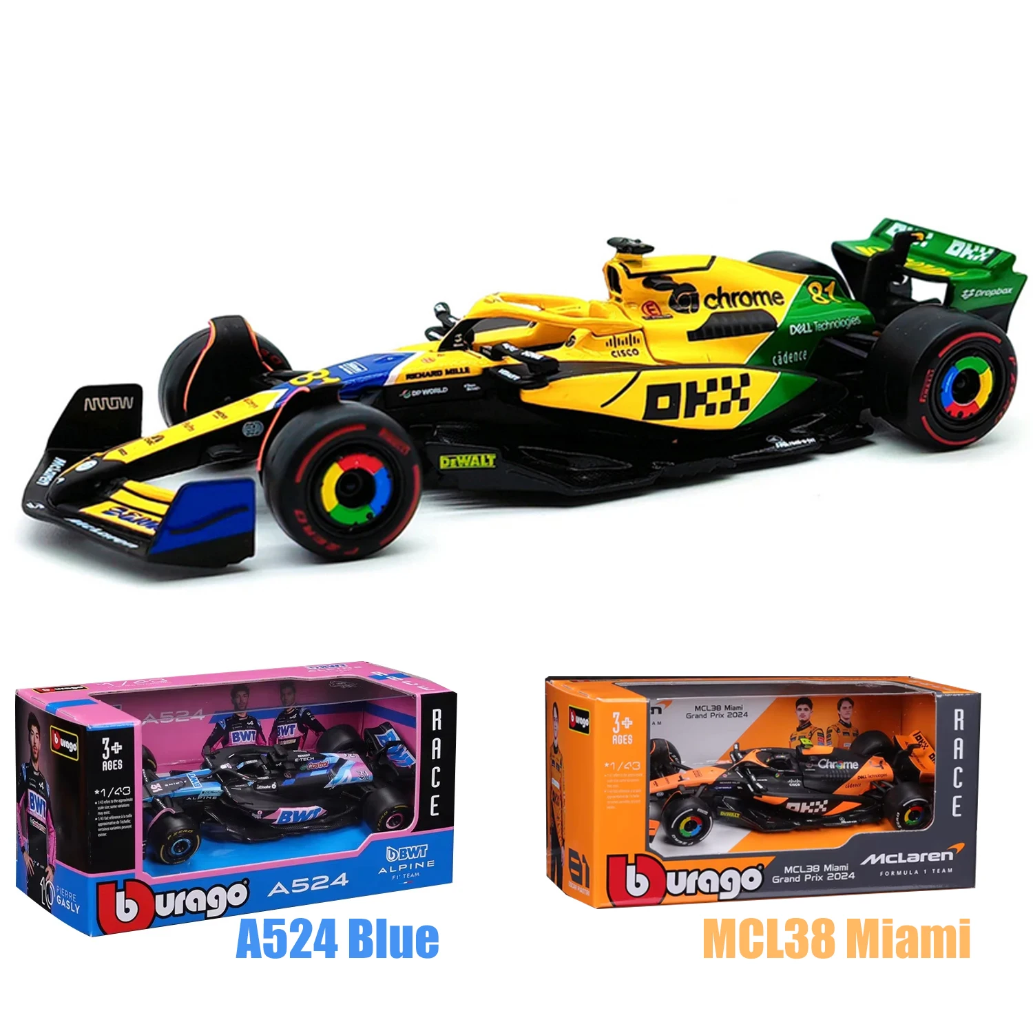 Bburago 1:43 2024 Mclaren MCL38 Miami Monaco #4 #81 F1 Formula Car Die Cast Vehicles Collectible Model Racing Toys  Alpine A524