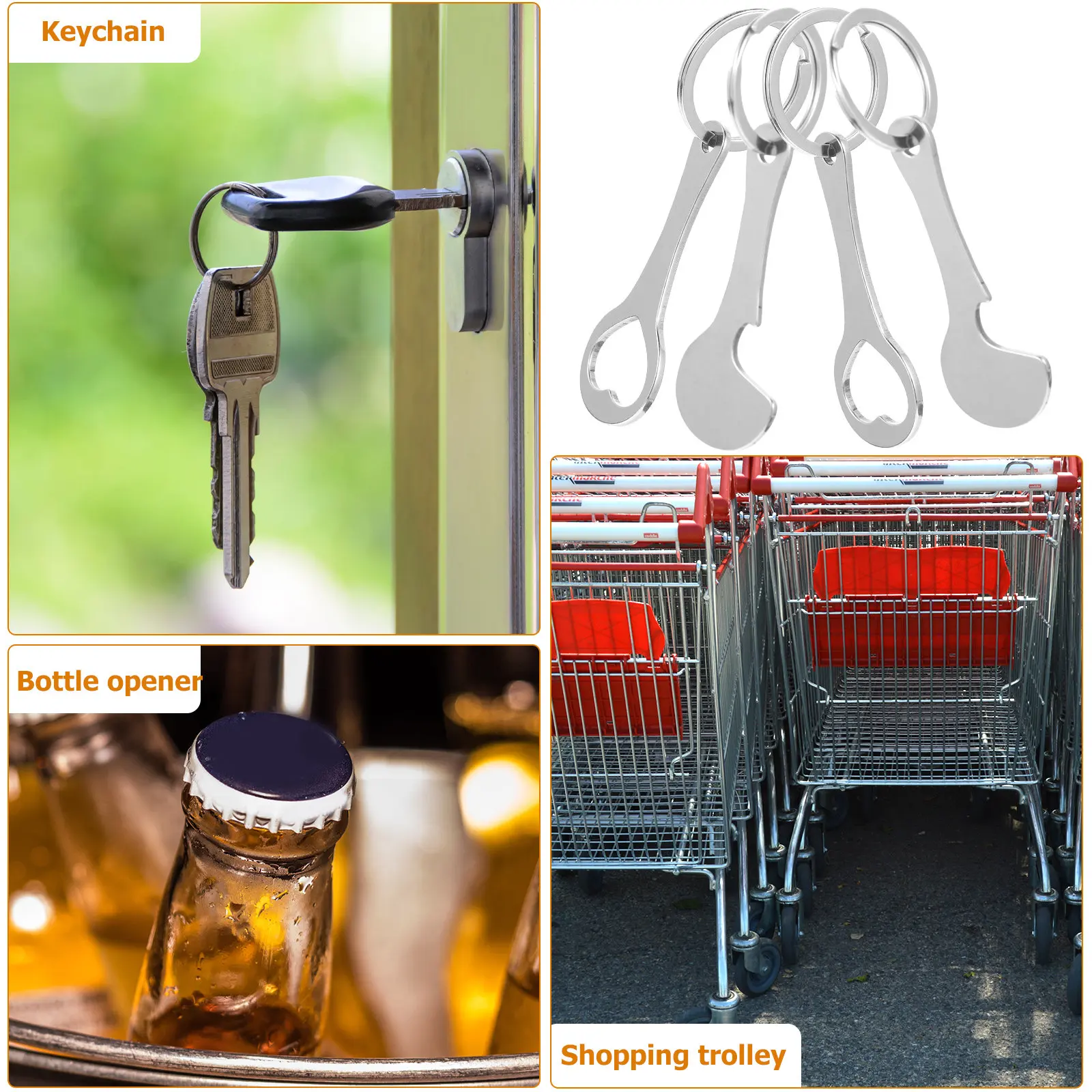 4Pcs Stainless Steel Shopping Trolley Tokens Key Ring Portable Trolley Remover for Supermarket