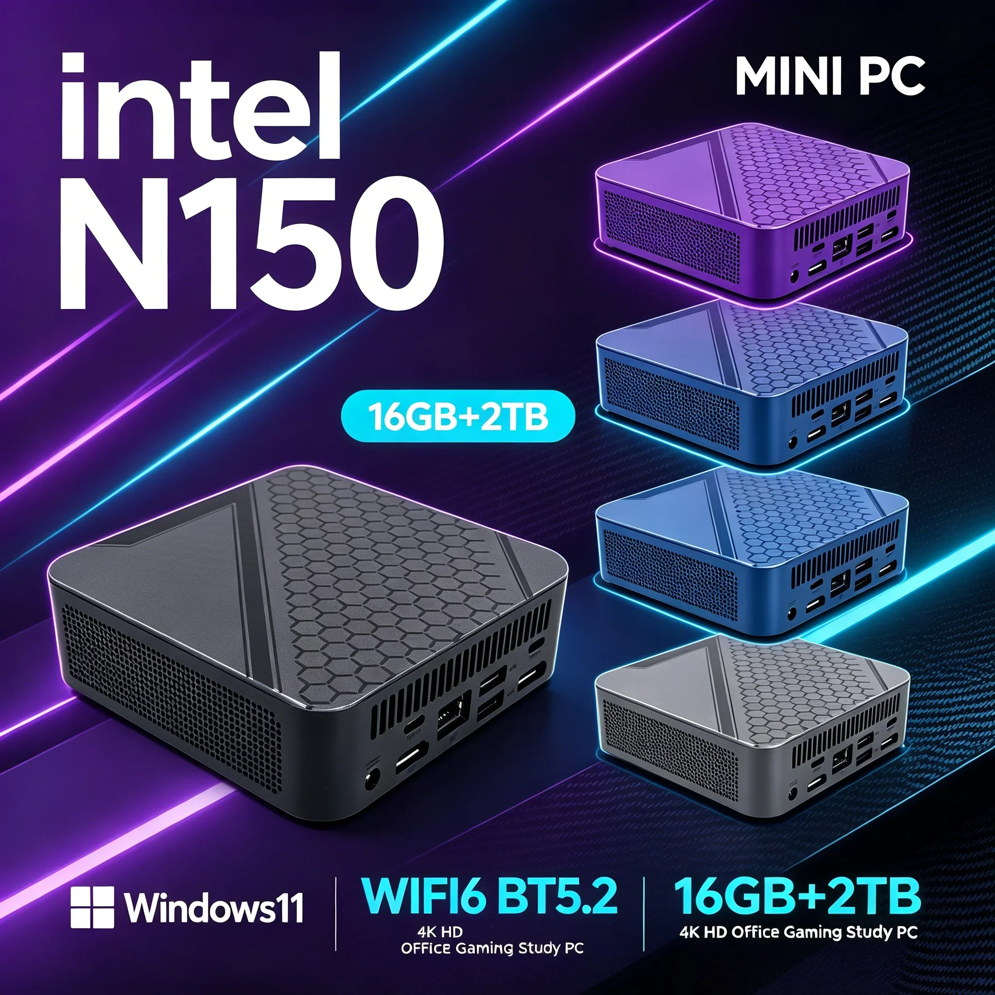 Intel N150 Mini Desktop PC Pocket‑Size Form Factor Windows 11 16GB RAM 1TB‑2TB SSD WiFi6 BT5.2 UHD Daily Office Mini Computer