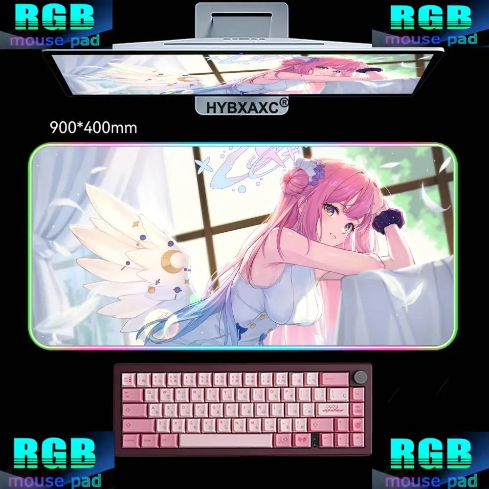 HYBXAXC Mouse Pad RGB Gaming Mouse Pad Desk Mat HD Gamer Large LED Light XXL Blue Archive Misono Mika RGB Mouse Pad 400X900MM
