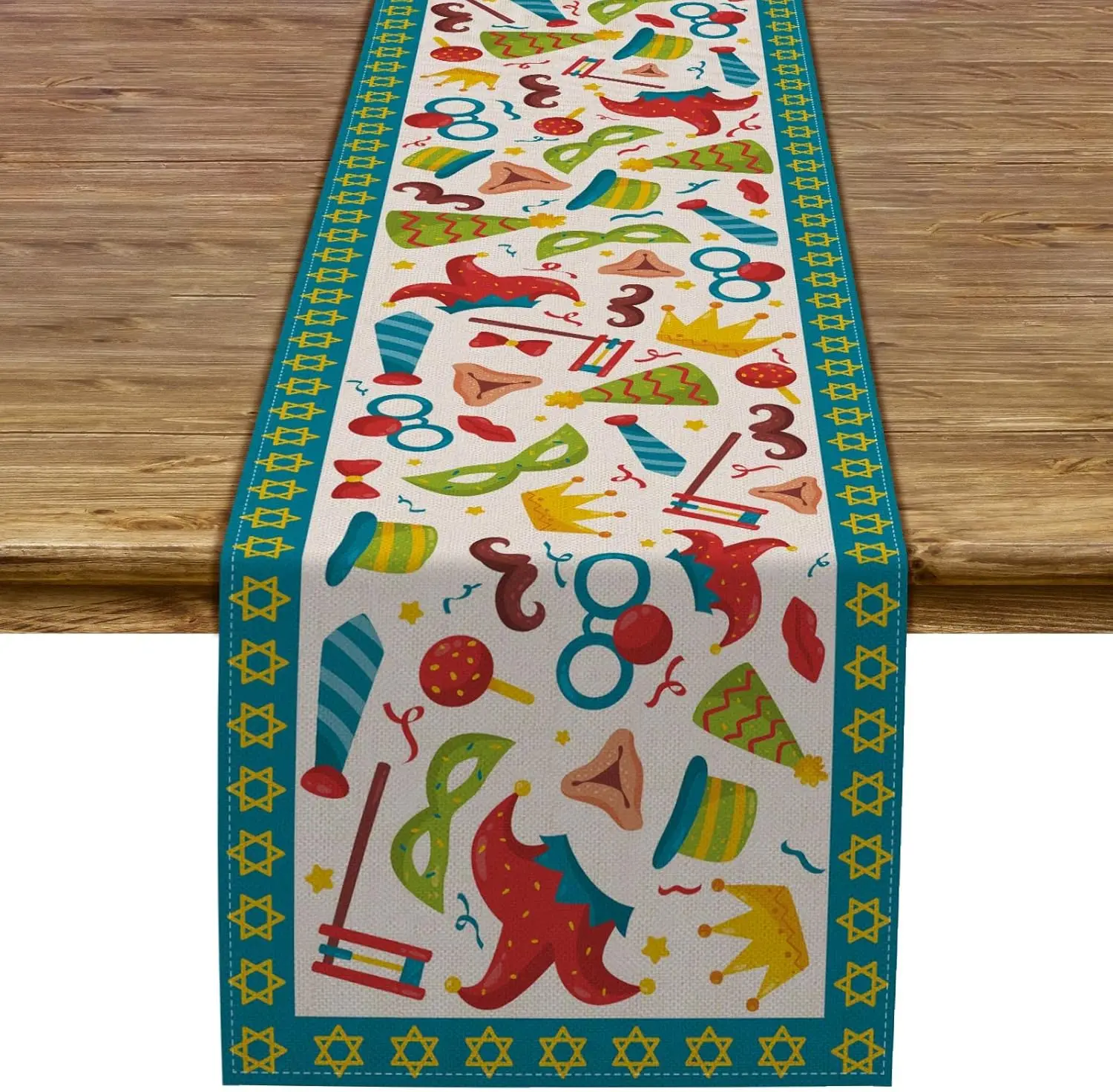 Happy Purim Linen Table Runner Hamantaschen Gragger Mask Jewish Carnival Festival Holiday Party Kitchen Dining Home Decoration