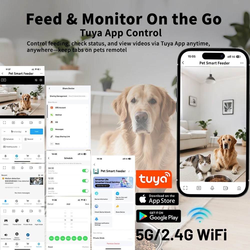 Smart Automatic Pet Feeder with 1080P HD Camera 15cm Elevated 5G WiFi Tuya APP Furpipi Control Automatic Cat Dog Food Dispenser