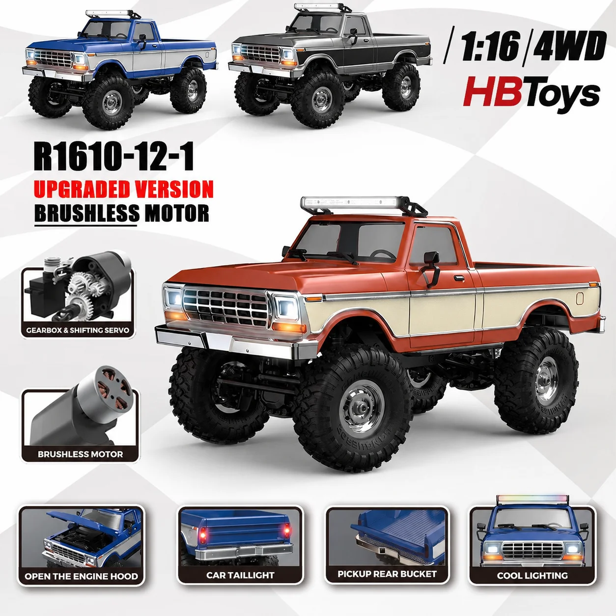 HuangBo R1611-1 1:16 Brushless RC Crawler Truck 4WD RTR Factory Upgrade 2.4G LED Off Road Scale Remote Control Car
